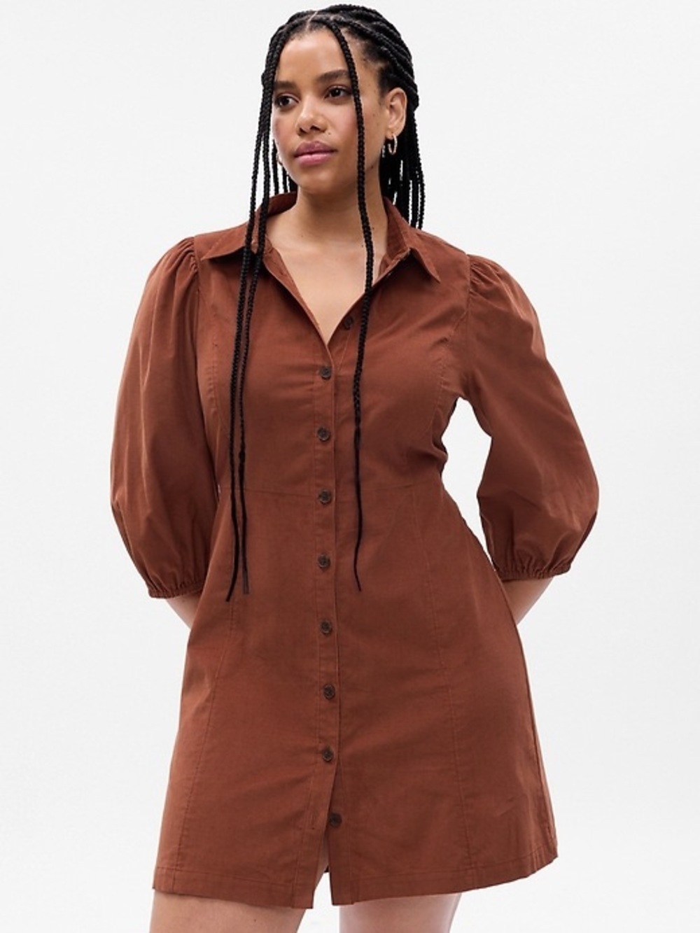 GAP Sz XL Tall Corduroy Brown Puff Sleeves Button Front Dress